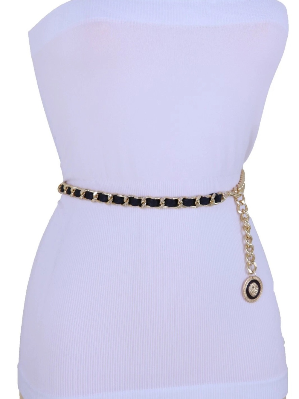 Women Gold Metal Chain Black Designer Style Fashion Belt Lion Charm Coin